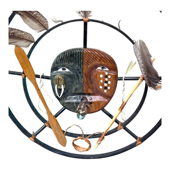 Handcrafted Native Alaskan Spirit Mask Wall Art Ceremonial Design Vtg Signed 17" - Picture 6 of 8